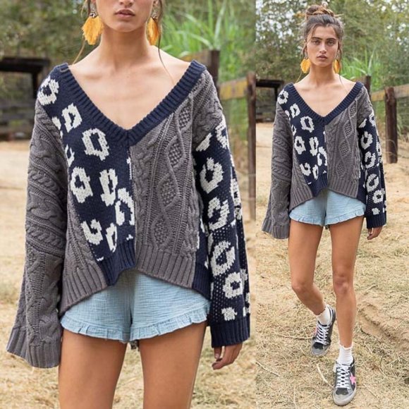 NEW POL Mix Leopard Cable Knit Deep V Neck Oversize Slouchy Pullover Sweater Top - Picture 8 of 10